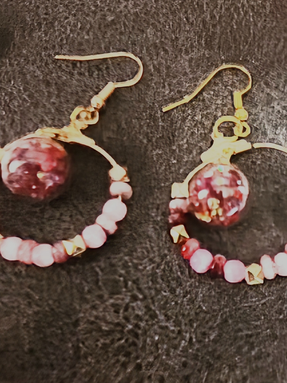 Gold-Tone Hoop Earrings with Pink Beads and Pink Glass Orbs
